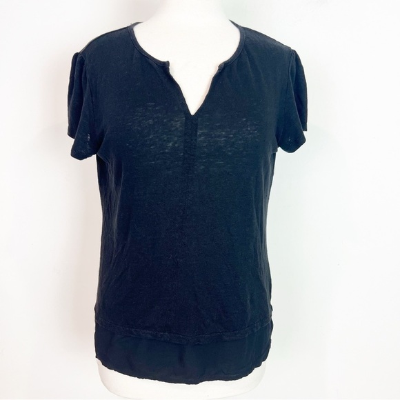 SANCTUARY BLACK SPLIT NECK CAP SLEEVE CONTRAST HEM T-SHIRT WOMENS SZ LARGE - Picture 1 of 6